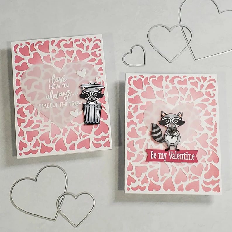 Valentine's Card - Raccoon w Ink Blended Hearts Background