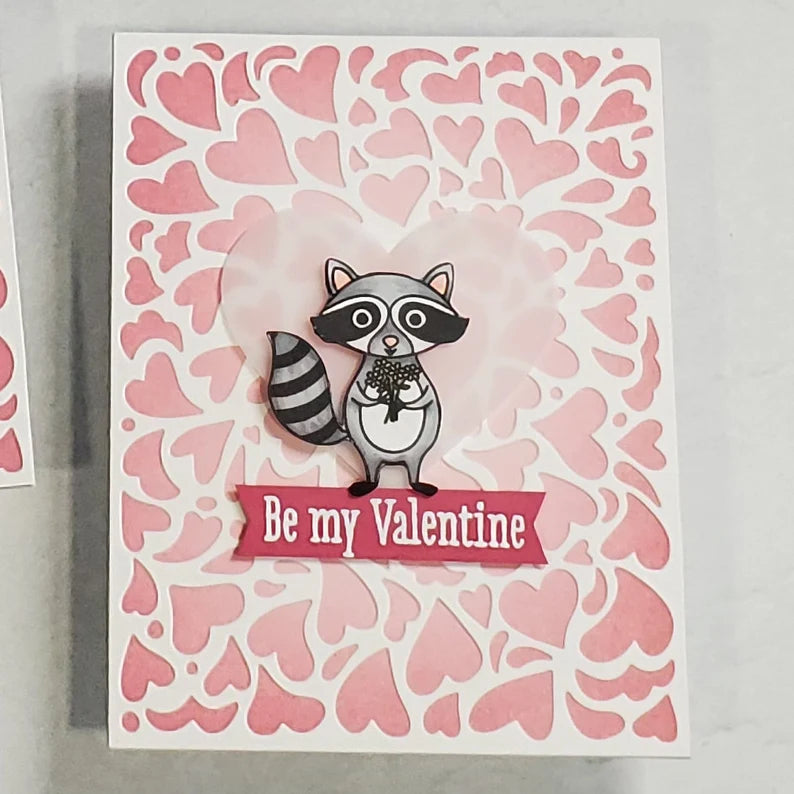 Valentine's Card - Raccoon w Ink Blended Hearts Background