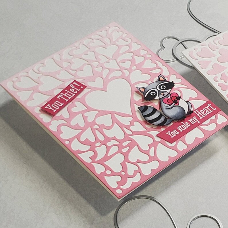 Valentine's Card - Funny Racoon w Diecut Heart Background